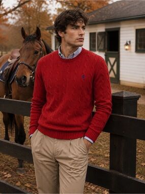 Polo Ralph Lauren Red Cable Knit Cotton Sweater Small Classic Preppy